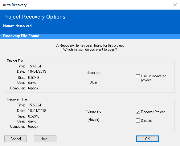 Auto Recovery options window