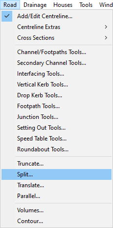 Road menu showing Split selection