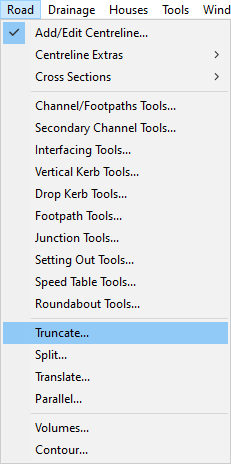 Road menu showing Truncate selection