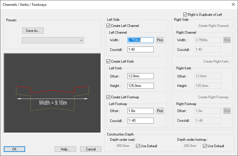 Add/Edit Channels, Kerbs and Footpaths
