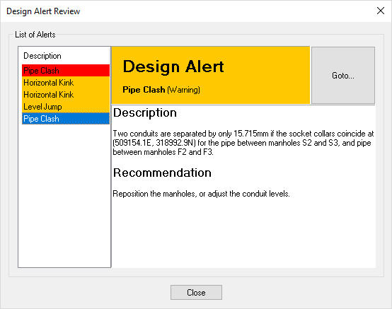 Example list of design alerts with pipe clash description