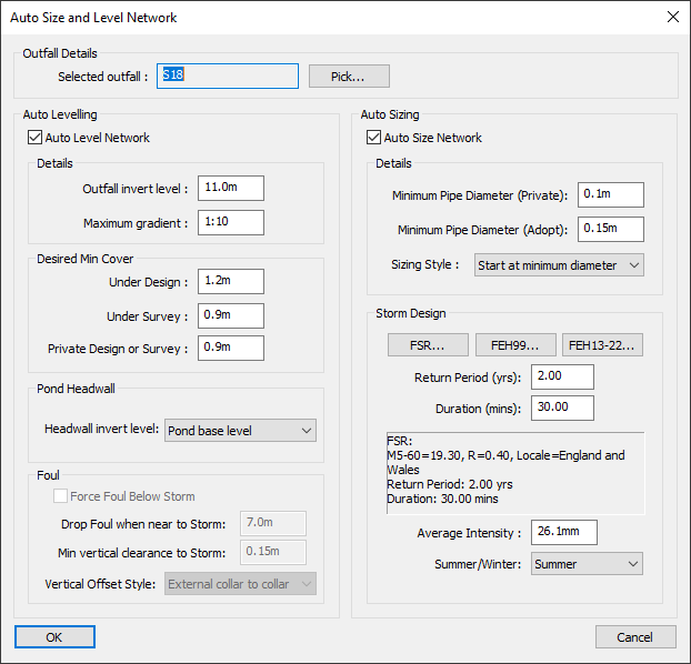 Drainage Auto Size and Level window