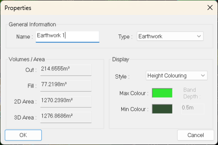 Earthwork Properties Window