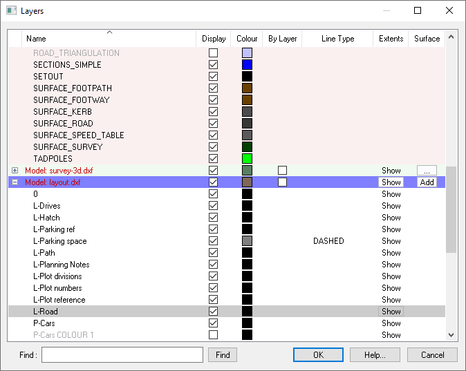 Layers window with surface properties button