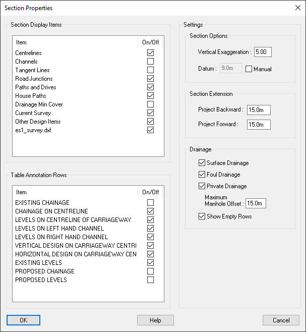 Longsection Properties window