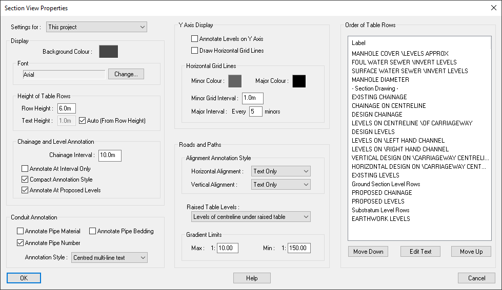 Longsection view display properties window