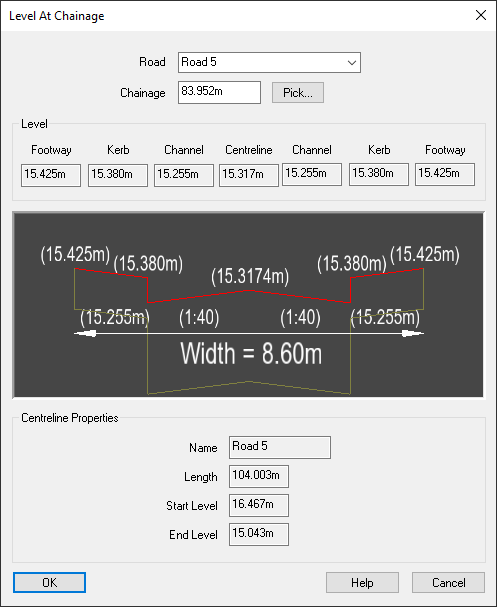 Road Levels at chainage window