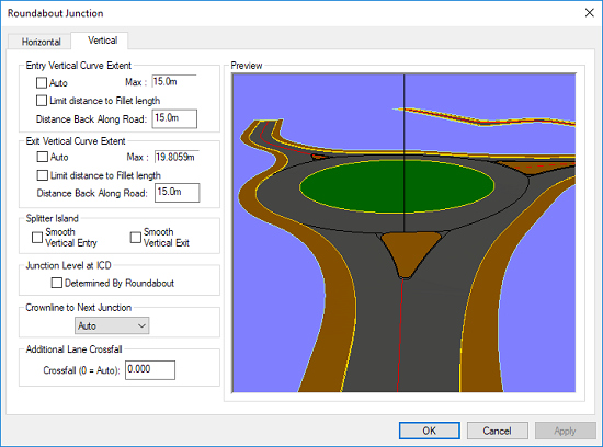 Roundabout Junction Vertical options window