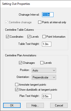 Setting-Out properties window