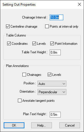 Setting-Out properties window