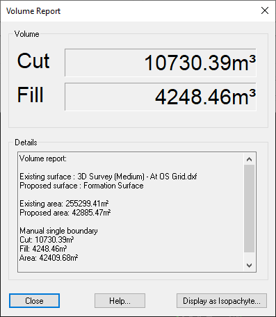Cut and Fill volumes report