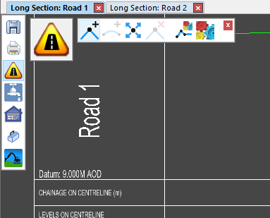 Long section panel with multiple view tabs